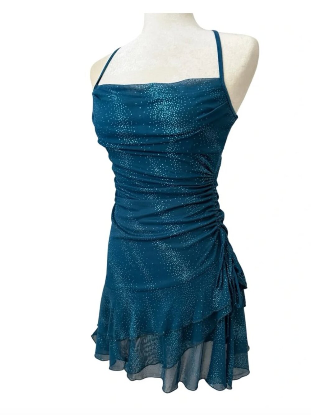 MARIPOSA Teal Sparkle Ruched Slip Dress Fairycore Fairy